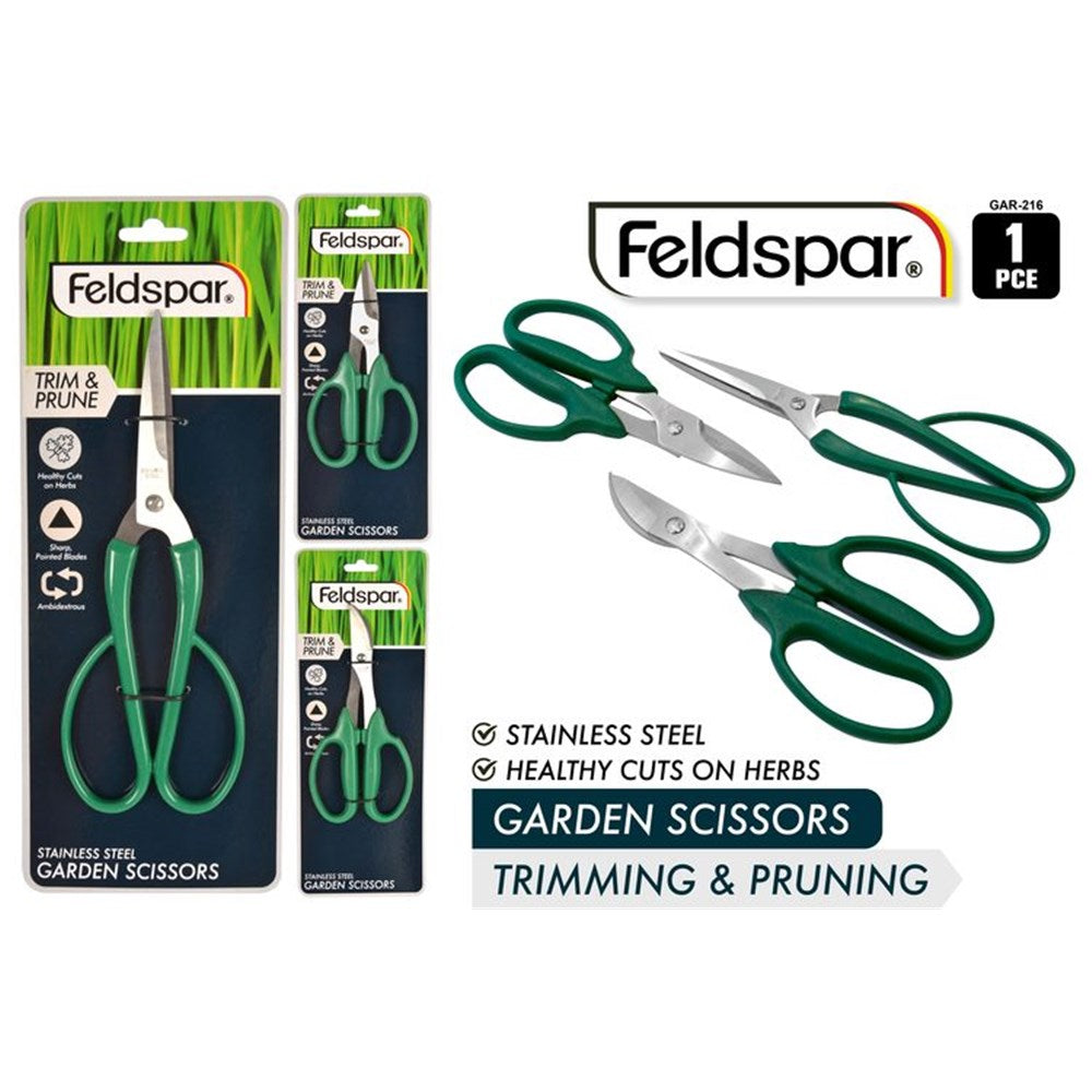 Green plastic handles; Sharp pointed stainless steel blades; Assorted styles shown; Retail blister packaging with Feldspar branding;
