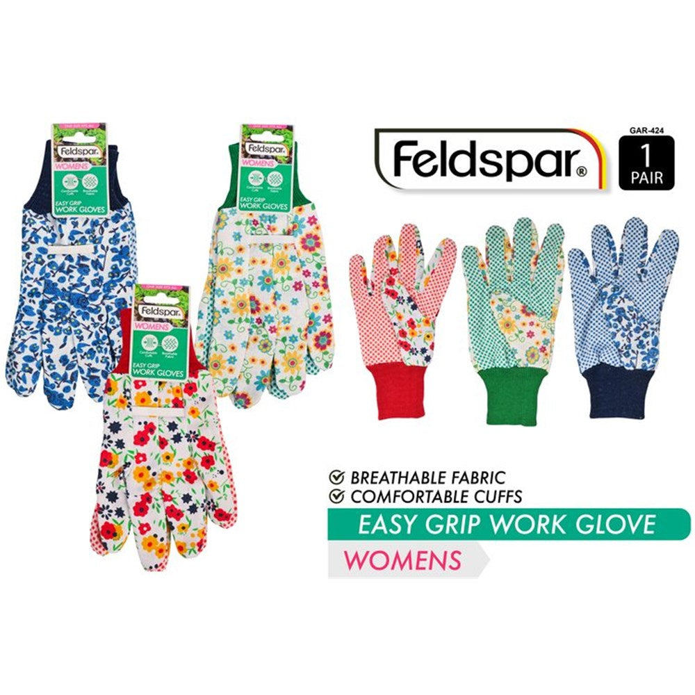 Three pairs of ladies gloves with floral prints; Three different floral colour themes: blue, green, red; Dots pattern on fingers and palm for grip; Comfortable cuff at wrist; Labelled Feldspar brand with easy grip work glove;