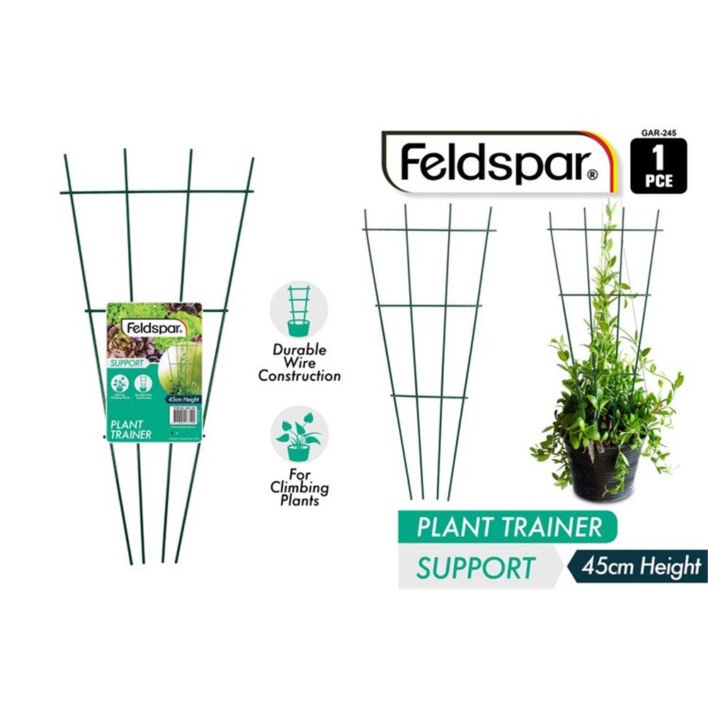 dark green wire construction; fan-shaped support frame; 45cm height; suitable for potted climbing plants;