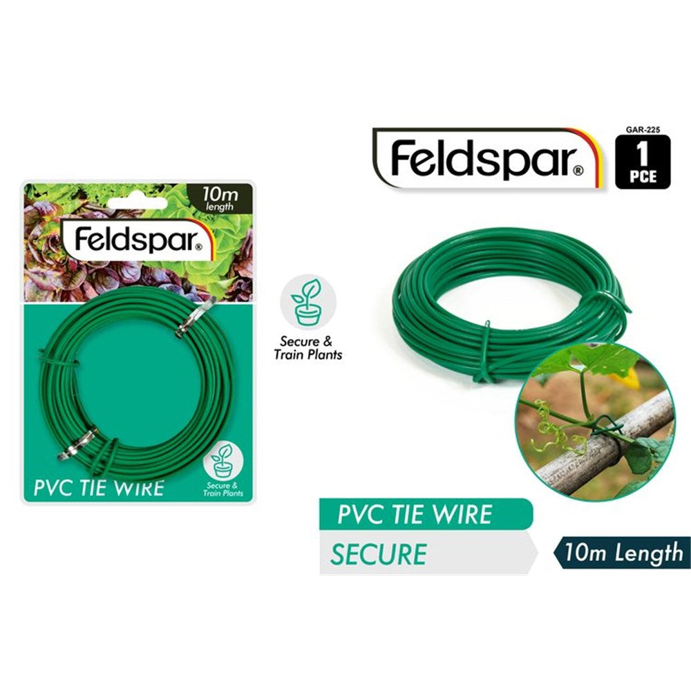 green PVC coated wire; coiled wire; 10 metre length; packaged on card with garden leaf background; wire diameter approx. 2mm;
