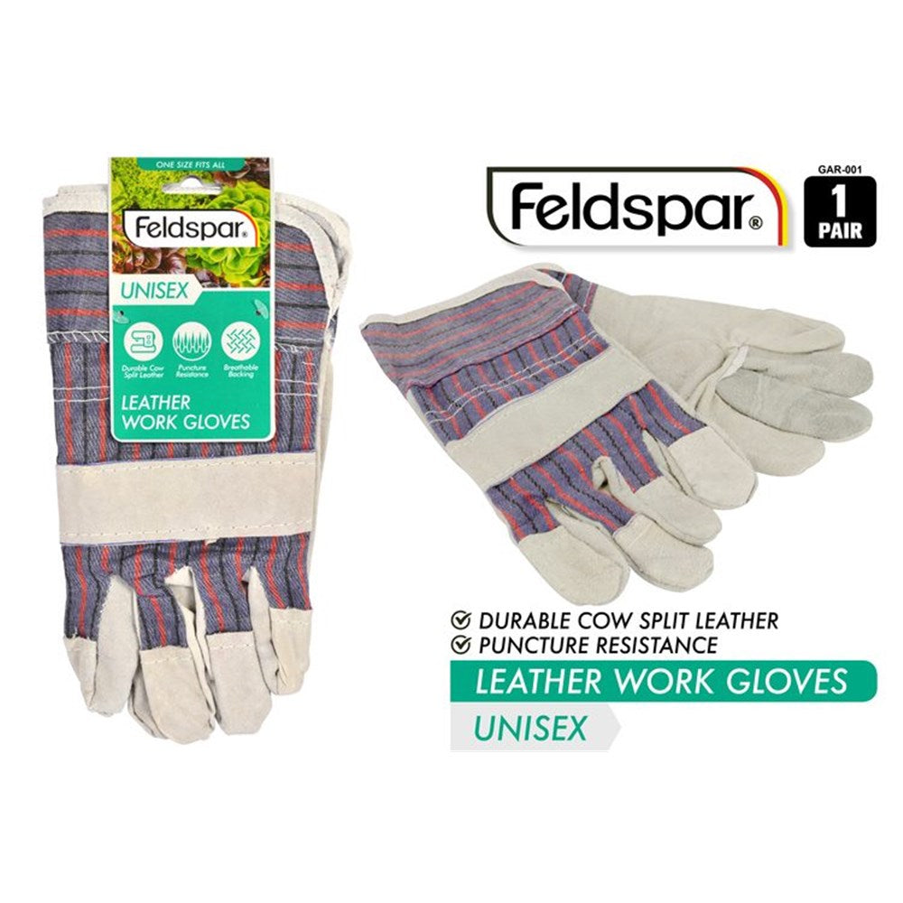 Cow split leather palm and fingertips; Striped blue and red cotton back; One size fits all label on packaging; Packaged as one pair; White and grey leather contrasts with coloured fabric;