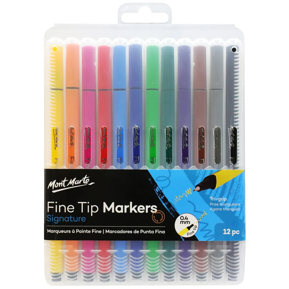12 markers in assorted colours; tri-grip barrel design; fine 0.4mm tip; packaged in clear plastic case with handle; colours include yellow, orange, pink, red, blue, green, purple, brown, grey, black;