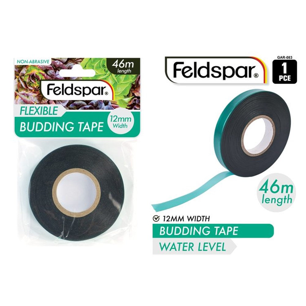 black roll of tape; plastic wrapping with printed label; label shows 'flexible budding tape'; label states 46m length and 12mm width; compact circular tape roll;