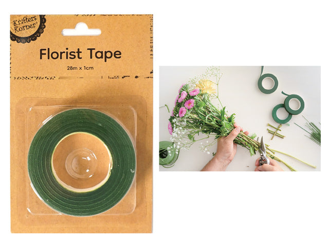 Green tape roll; 28m length; 1cm width; Cardboard backing packaging; Plastic cover on packaging;
