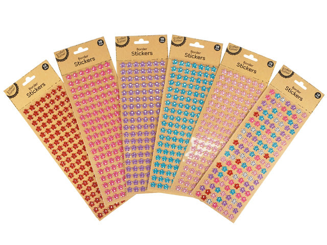 19 strips per pack; assorted flower shapes; varied colours: red, pink, purple, blue; kraft brown backing card; small flower sticker design;