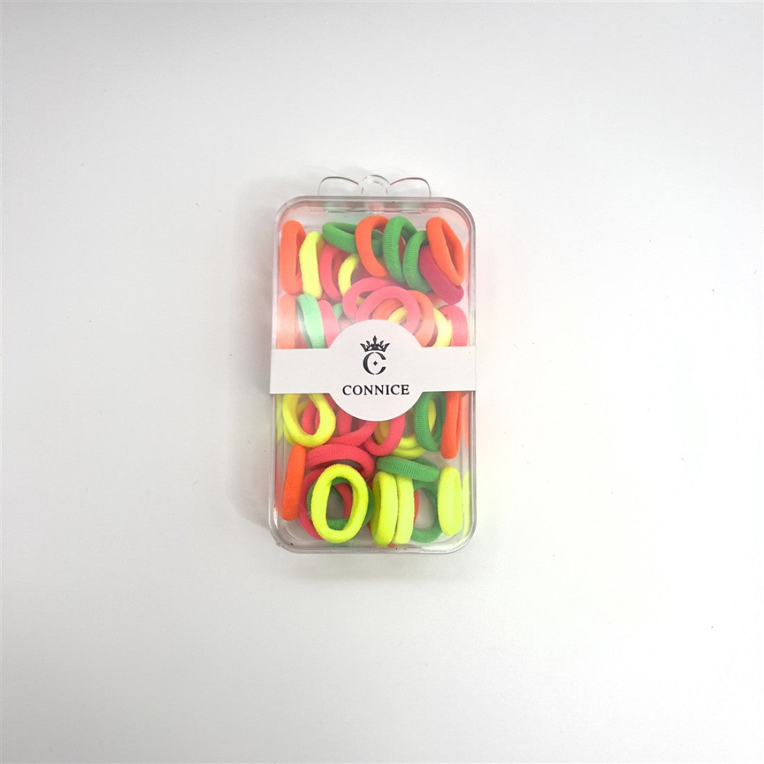 Clear plastic box with hanging tab; Mixed fluorescent colours including yellow, green, orange and pink; Small fabric-covered elastic hair ties; White band label with CONNICE branding;