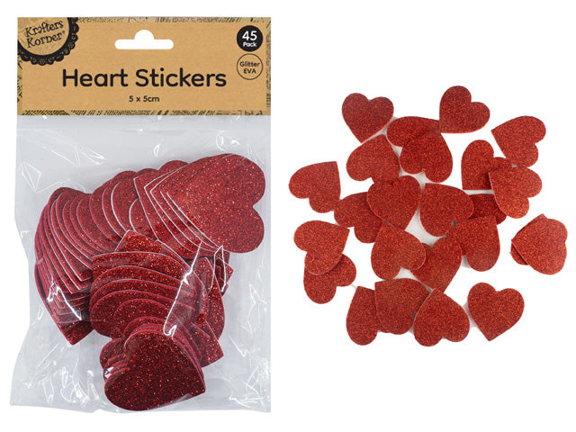 red heart shape; glitter finish; foam material; packaged in clear plastic bag; 45 pieces per pack;