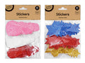pack of 45 foam stickers; varied shapes including stars, hearts, and bottle shapes; glitter effect on stickers; multiple colours: pink, white, red, blue, gold; transparent packaging with cardboard header;