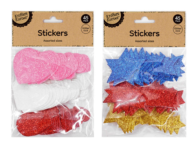 pack of 45 foam stickers; varied shapes including stars, hearts, and bottle shapes; glitter effect on stickers; multiple colours: pink, white, red, blue, gold; transparent packaging with cardboard header;