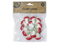 Small foam mushrooms; Red caps with white spots; White stems; Approximately 2.5cm size; Package of 12 mushrooms;