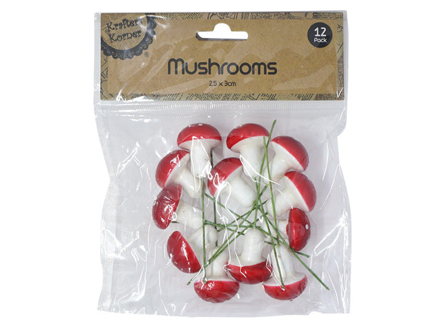 Small foam mushrooms; Red caps with white spots; White stems; Approximately 2.5cm size; Package of 12 mushrooms;