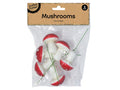 Red foam mushrooms with white spots; Attached green wire stems; Pack of 6 mushrooms in clear packaging; Mushrooms approx. 3.5 x 4.5cm; Brown paper header label with product name;