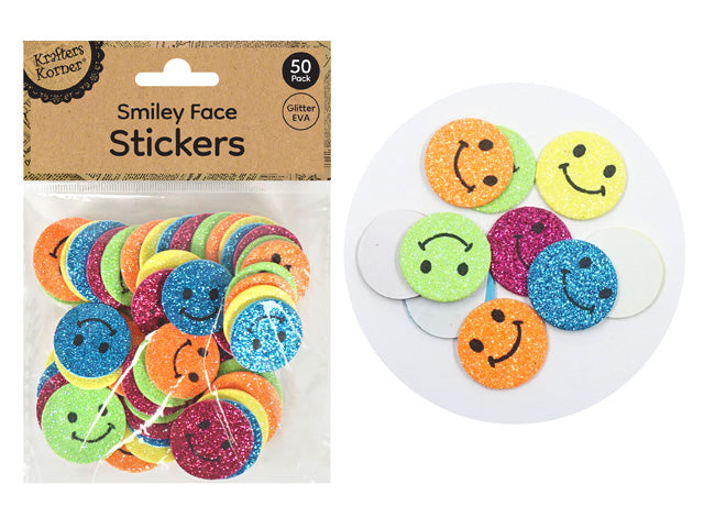 packaging shows 50 pack; round foam stickers; glittery finish; smiley face design; assorted bright colours;