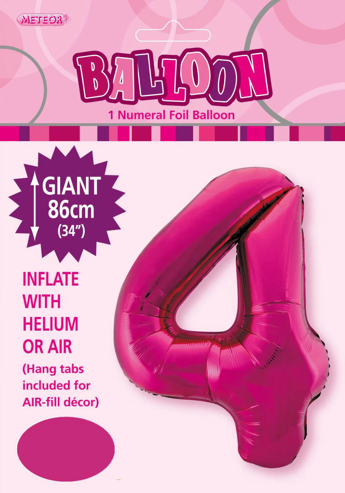 bold number 4 shape; hot pink metallic foil material; packaging with balloon image; 34 inch (86cm) size indicated; hang tabs for air-fill decoration;