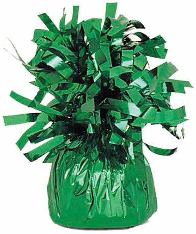 emerald green colour; foil material; decorative curly fringes on top; weight wrapped in shiny foil;