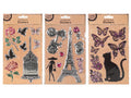 Foil embossed metallic finish; Various designs including Eiffel Tower, butterflies, cat silhouette; Colours include silver with hints of purple and green; Presented on brown craft-style backing card;