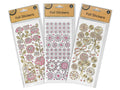 assorted floral designs; gold and pink foil accents; single sheet packaging; clear backing visible;