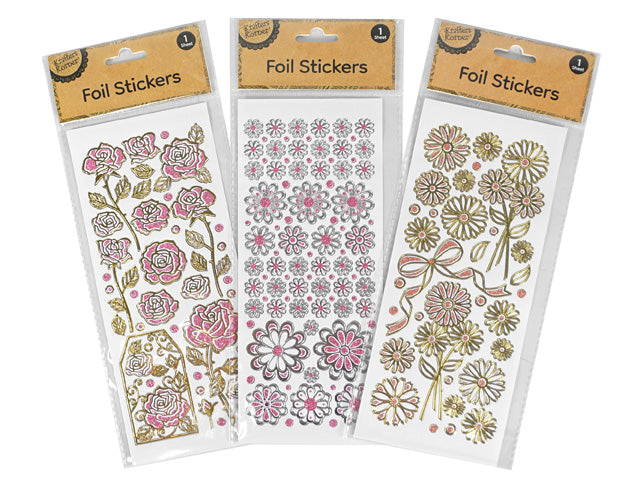 assorted floral designs; gold and pink foil accents; single sheet packaging; clear backing visible;