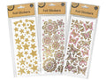 gold foil finish; assorted designs including stars, flowers and butterflies; single sheet packaging; pink accents on flower and butterfly stickers;