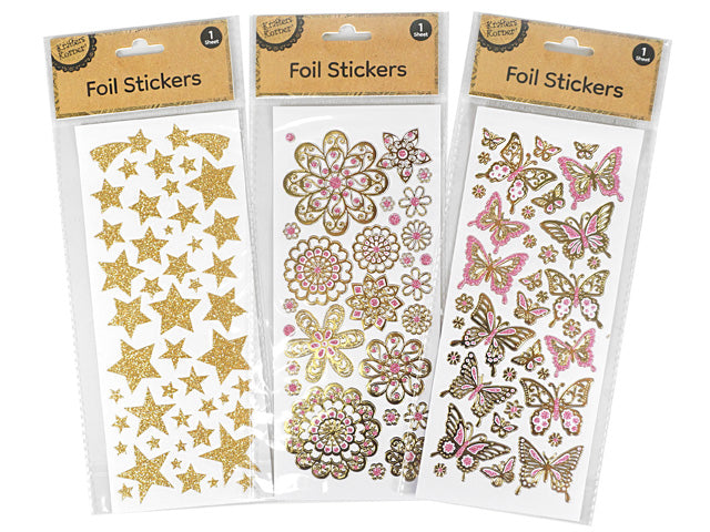 gold foil finish; assorted designs including stars, flowers and butterflies; single sheet packaging; pink accents on flower and butterfly stickers;