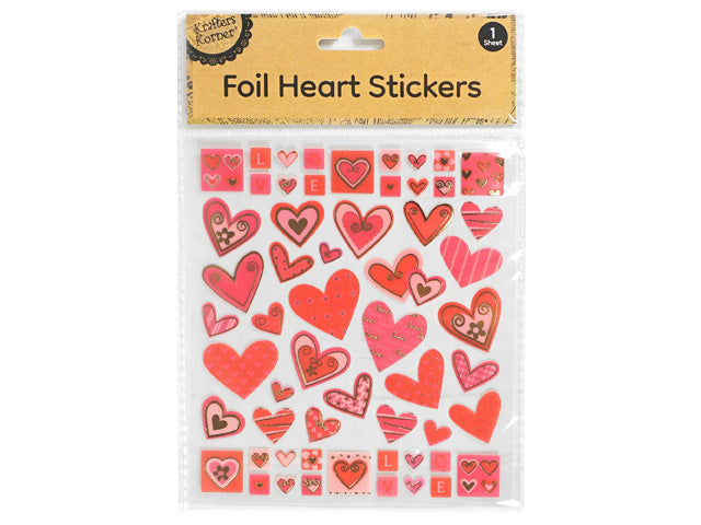 assorted heart shapes and sizes; red and pink colour theme; foil accents on hearts; packaged in clear plastic sleeve; kraft card header with product name;