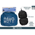 blue colour; rectangular shape; foldable design; black interior with multiple pockets; hook for hanging;
