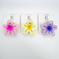 Flower-shaped claw clips with hollow petal design; Pastel colours including pink, yellow and purple; Soft gradient colour at the centre of each flower; Plastic body with visible metal spring mechanism; Mounted on white branded backing cards;