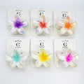 Flower-shaped frangipani hair clips; Iridescent pearly AB finish; Central gradient colours such as purple, red, yellow, blue and pink; Mounted on white branded backing cards; Approximate 8cm wide claw clip size;