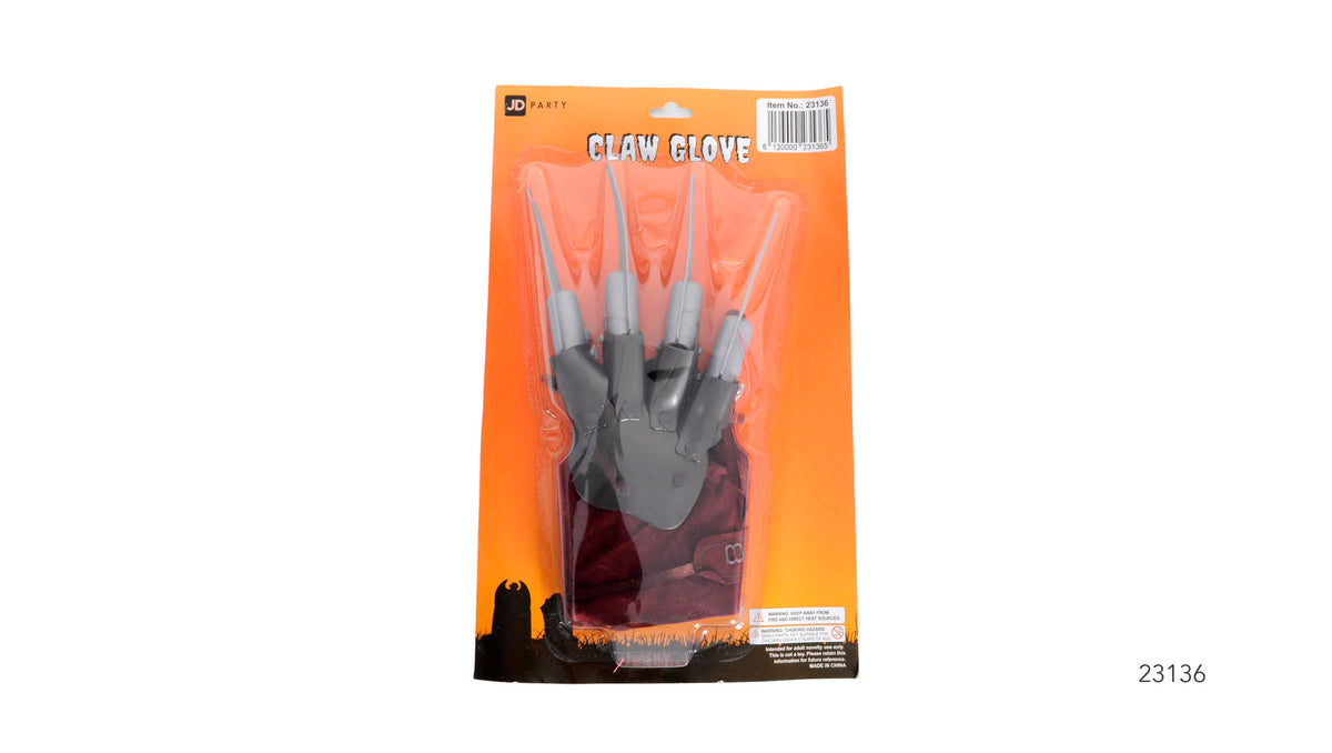 Dark-coloured glove with long grey claw-shaped fingers; Orange backing card with clear blister packaging; Packaging features Halloween-themed graphics;