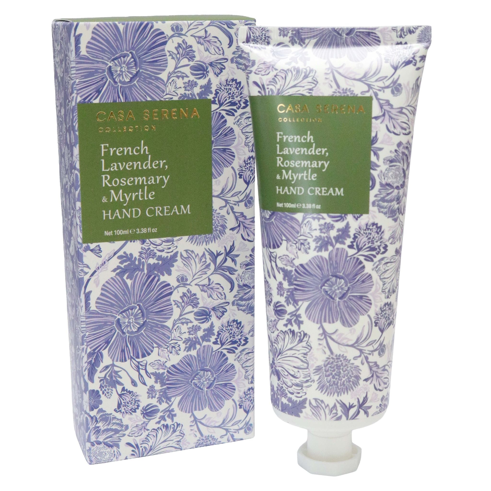 100ml tube packaging; Blue and white floral pattern; Green label with gold text; Matte finish tube; Box packaging with matching floral design;