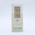 cream coloured wax; 10 tealights in aluminium cups; rectangular cardboard box with window; French Vanilla scent labelled; 4 hour burn time indicated;