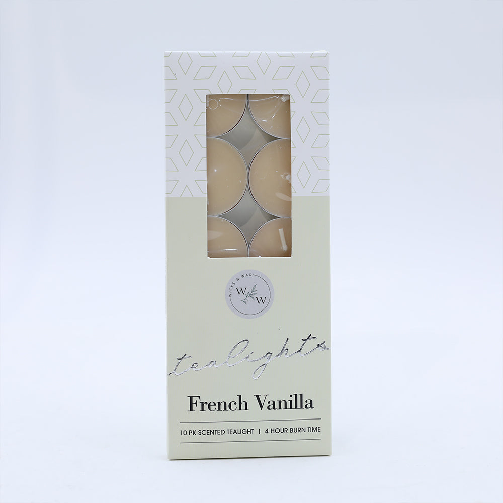 cream coloured wax; 10 tealights in aluminium cups; rectangular cardboard box with window; French Vanilla scent labelled; 4 hour burn time indicated;