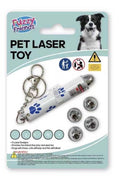 white plastic body with blue paw prints; silver metal keychain attachment; five interchangeable silver laser heads; packaging includes image of a Border Collie dog;