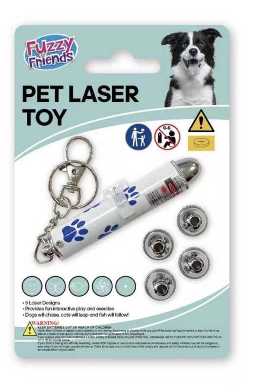 white plastic body with blue paw prints; silver metal keychain attachment; five interchangeable silver laser heads; packaging includes image of a Border Collie dog;