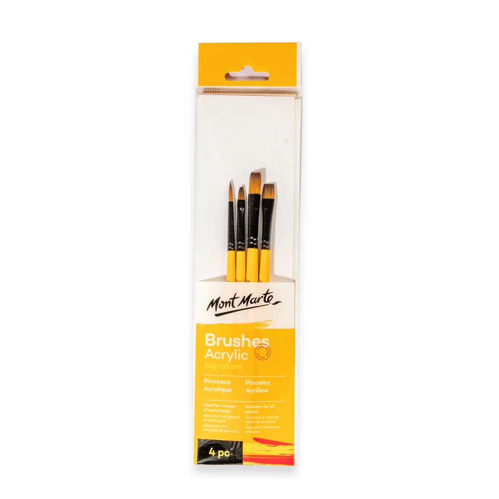 yellow handles; black ferrules; 4 brushes in set; varied brush shapes including round and flat;