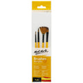 four brushes with yellow handles; black ferrules; varied brush shapes including round, fan, and flat; packaged in clear plastic with yellow and white label;