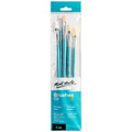 5 paint brushes with teal handles; varied brush shapes including flat and fan; durable light-coloured bristles; plastic hanging sleeve packaging;