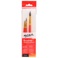 Red handles with gold ferrules; Four brushes of varying sizes; Plastic hanging packaging; Brilliant red and white packaging with product details;