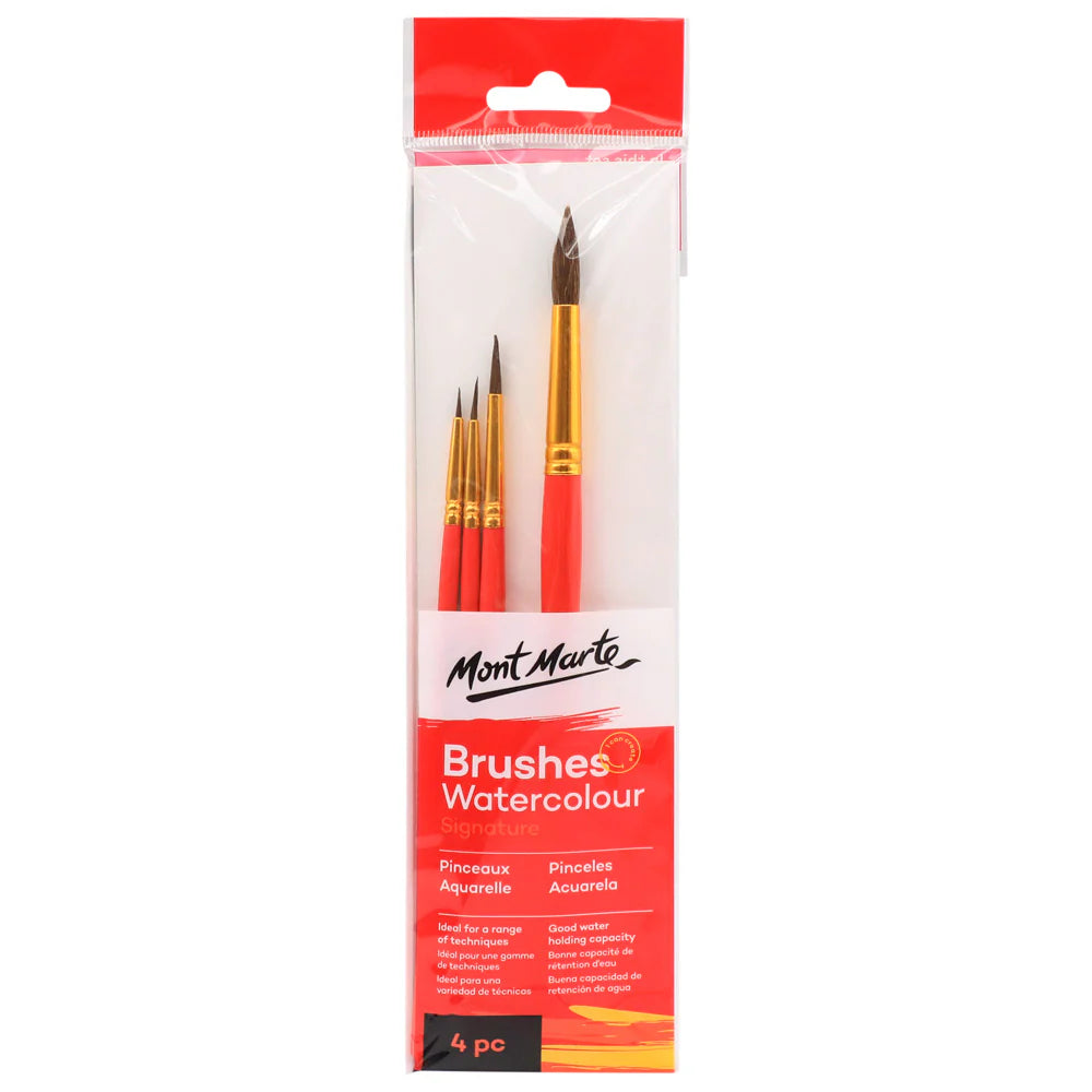 Red handles with gold ferrules; Four brushes of varying sizes; Plastic hanging packaging; Brilliant red and white packaging with product details;