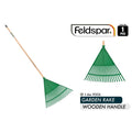green polypropylene rake head; wooden handle; metal hanging loop on handle end; long handle (approx. 1.6m);