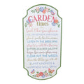 Rectangular metal wall plaque with arched top; White background with green border; Pastel floral and butterfly illustrations; Multicoloured garden-themed text; Vertical orientation approximately 26 x 51 cm;