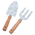 wooden handles; steel tool heads; hand-painted pastel botanical design; trowel and fork tools; windowed gift box;
