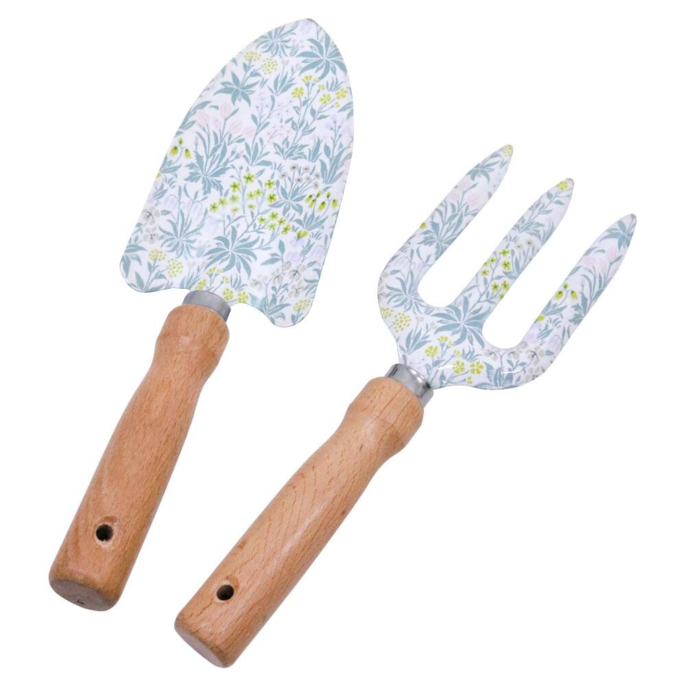 wooden handles; steel tool heads; hand-painted pastel botanical design; trowel and fork tools; windowed gift box;