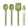 olive green colour with white speckled pattern; silicone heads with stainless steel handles; 4-piece set with slotted spoon, solid spoon, spatula, and tongs; each tool approximately 30cm in length;