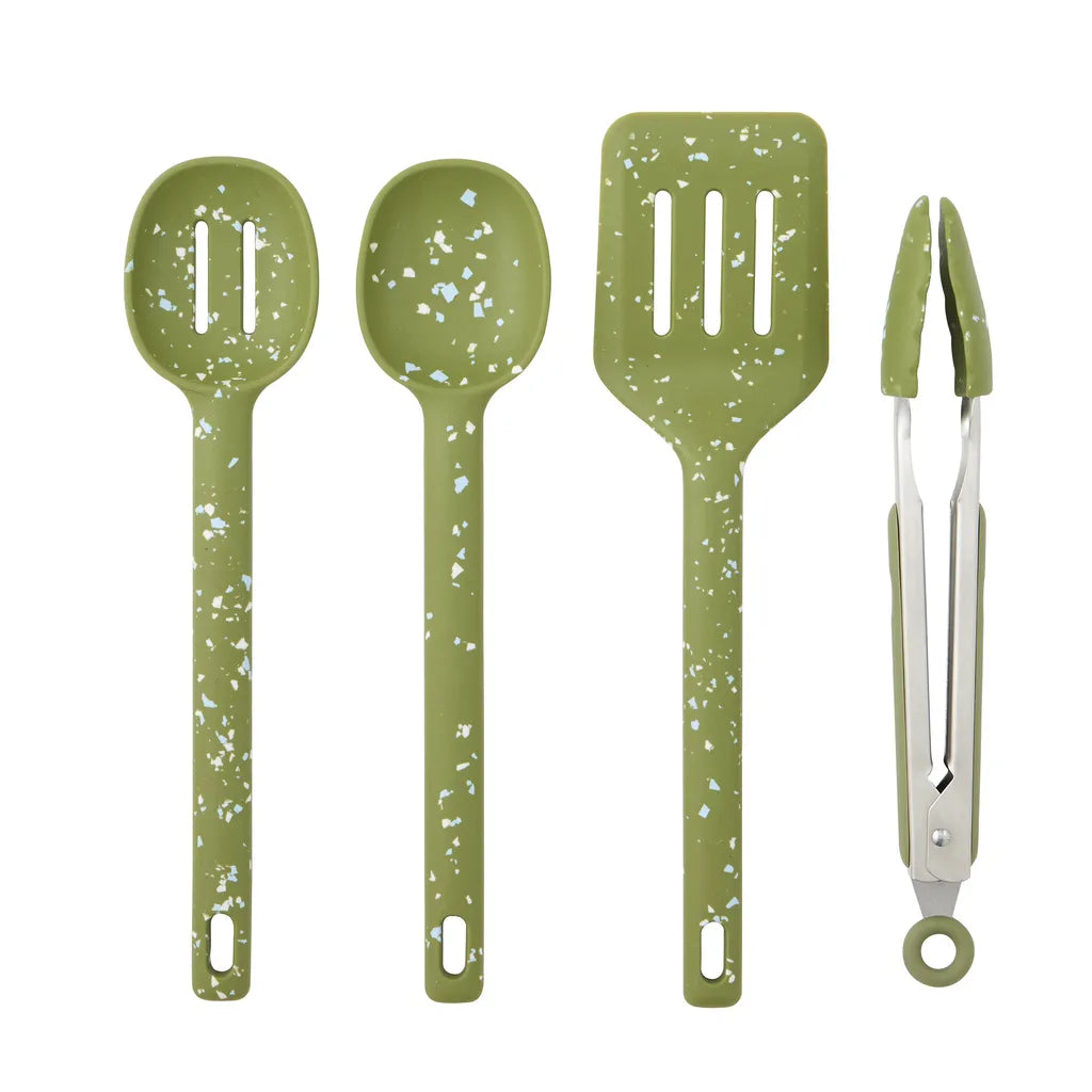 olive green colour with white speckled pattern; silicone heads with stainless steel handles; 4-piece set with slotted spoon, solid spoon, spatula, and tongs; each tool approximately 30cm in length;