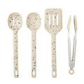 4-piece kitchen tool set; nougat colour with black and white speckles; silicone heads and stainless steel handles; tools approximately 30cm long; includes slotted spoon, solid spoon, slotted spatula, tongs;
