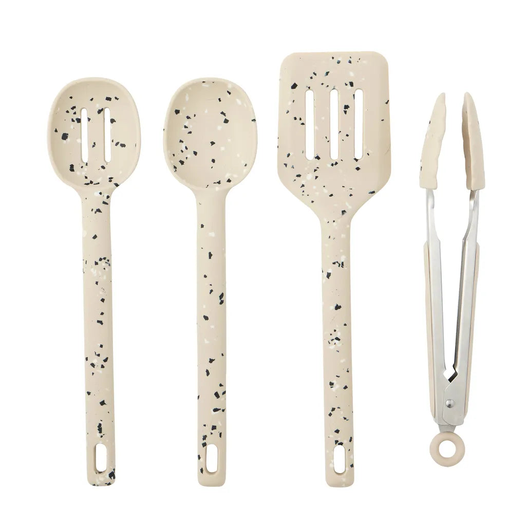 4-piece kitchen tool set; nougat colour with black and white speckles; silicone heads and stainless steel handles; tools approximately 30cm long; includes slotted spoon, solid spoon, slotted spatula, tongs;