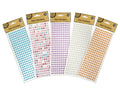 Five packs of dome gem stickers; Each pack with multiple rows of small round stickers; Colours include blue, pink, purple, white and orange; Packaging with brown header card labelled "Gem Stickers"; Stickers have a shiny, raised dome shape;