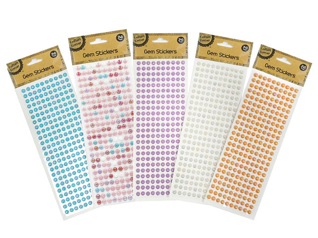 Five packs of dome gem stickers; Each pack with multiple rows of small round stickers; Colours include blue, pink, purple, white and orange; Packaging with brown header card labelled "Gem Stickers"; Stickers have a shiny, raised dome shape;