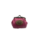 bright pink colour; soft sheep leather material; metal clasp closure; oval leather badge with kangaroo and 'Australia Kangaroo' text;